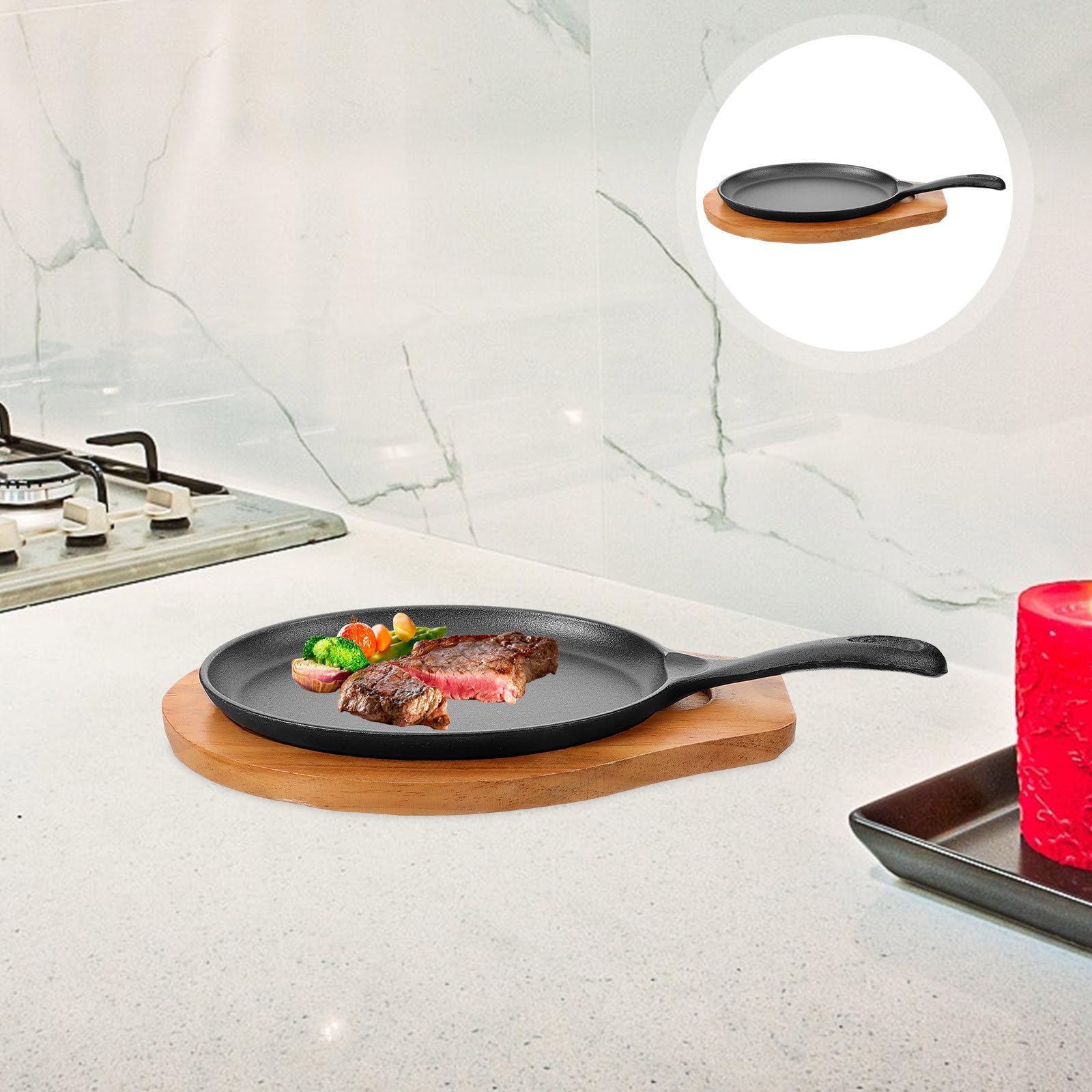 INOOMP Sartén de Hierro Fundido con Mango Único y Base de Madera, Multifuncional y Fácil de Limpiar para Uso Diario en Cocina del Hogar