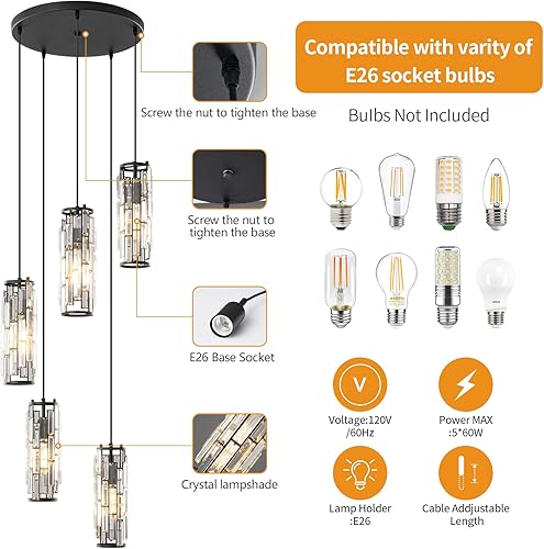 Miniatura 2 de LMQNINE Lámpara colgante, moderna lámpara colgante negra, mini candelabros de cristal, iluminación colgante ajustable de 5 luces para cocina, isla,