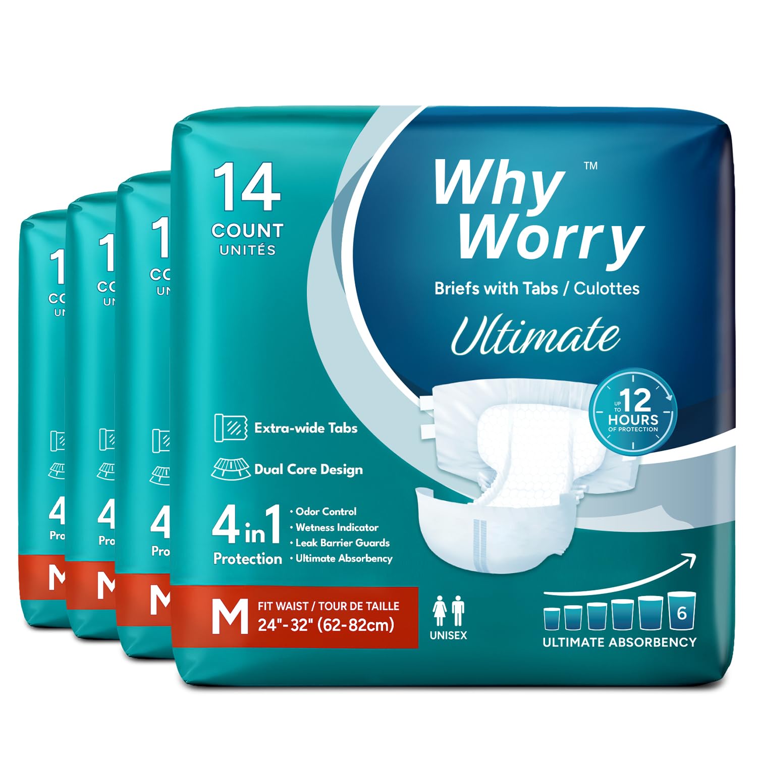 WhyWorry Ultimate Adult Diapers for Men and Women, Medium, 56 Count