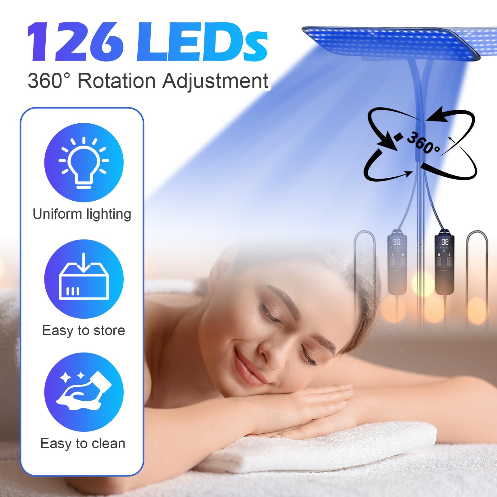 Solarium para el hogar, 460 NM y 490 NM, lámpara de bronceado con gafas de sol, luz azul de 25 W, luz de bronceado, soporte de metal ajustable y temporizador, bronceador facial con 126 ledes para uso