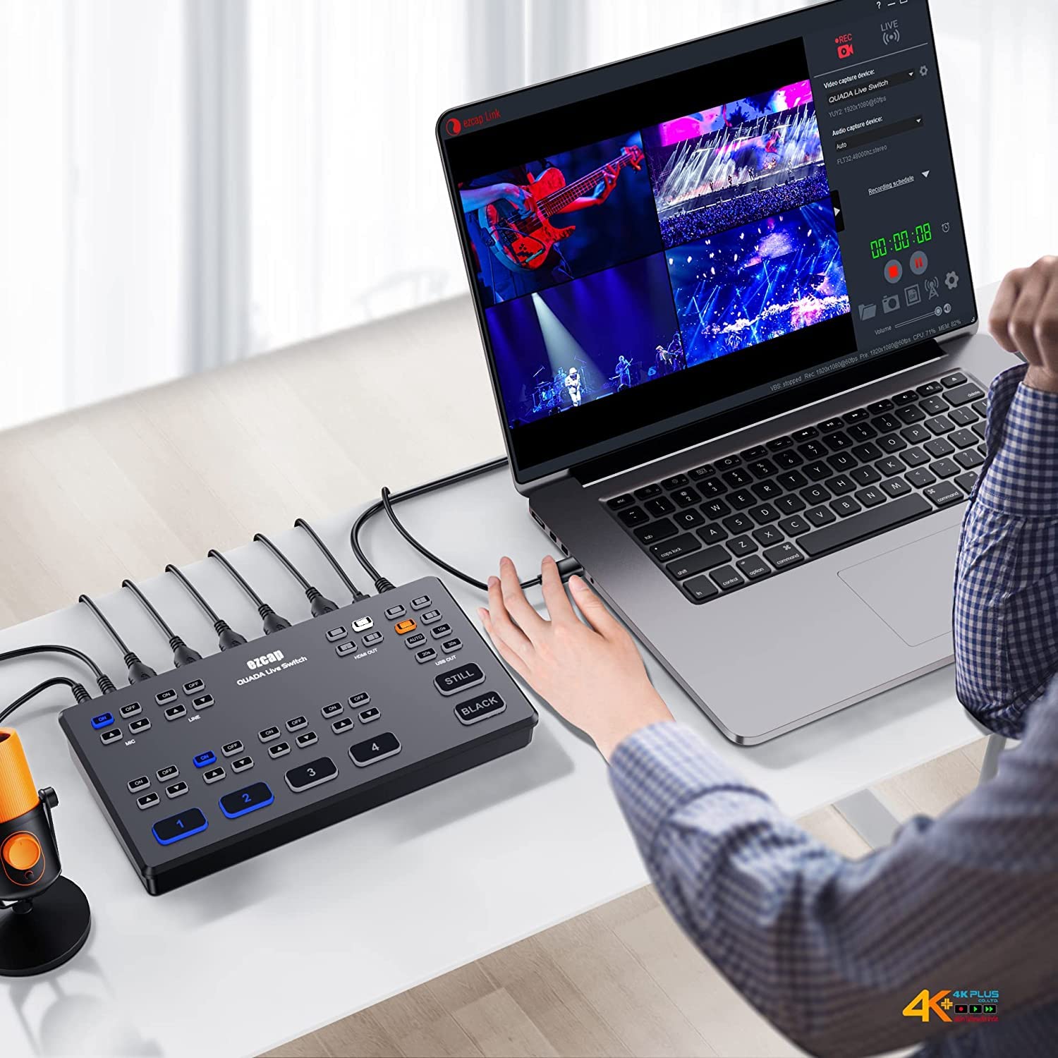 Ezcap 328 HD60 Streaming Video Switcher connected to a laptop displaying multi-view produzione