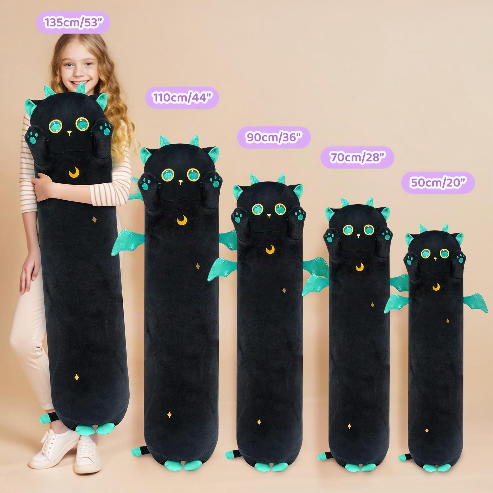 Mewaii Stofftiere Katzen Schwarze 130CM Plüsch Kissen Lang Kätzchen mit Großen Augen Plüschtier Ausgestopftes Tier Spielzeug Kuschelkissen Geschenk Plüschkissen