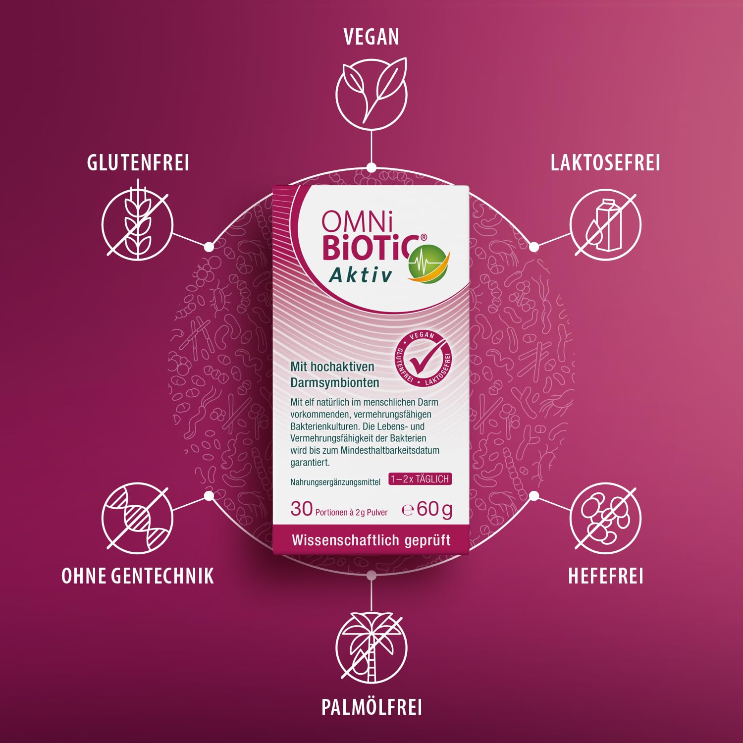 OMNi BiOTiC Aktiv | Für jeden Tag - in jedem Alter | 30 Portionen (60 g) | 11 Bakterienstämme | 10 Mrd. Keime pro Tagesdosis | Pulver | Vegan | Laktosefrei | Zur täglichen Anwendung