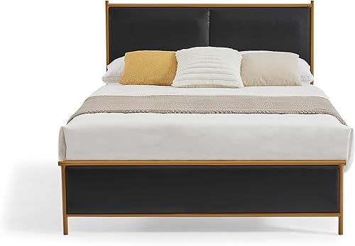 Miniatura 5 de Marco de cama de plataforma de metal, soporte de listones de madera, no necesita somier, fácil montaje, negro, tamaño matrimonial