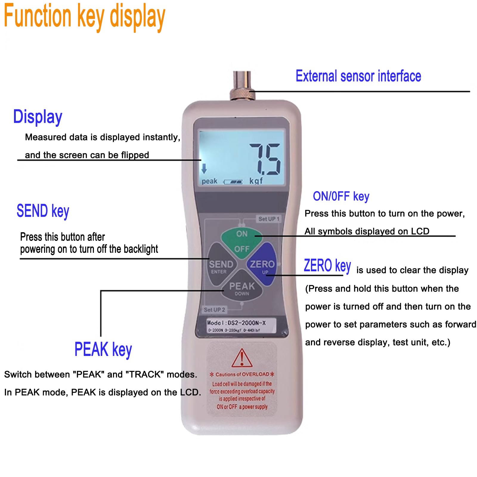 Medidor de Fuerza de Freno del vehículo Probador de Fuerza de Control de Fuerza de Pedal Digital, Unidad (N, Kg, LB), Salida de computadora USB, LCD con retroiluminación automática