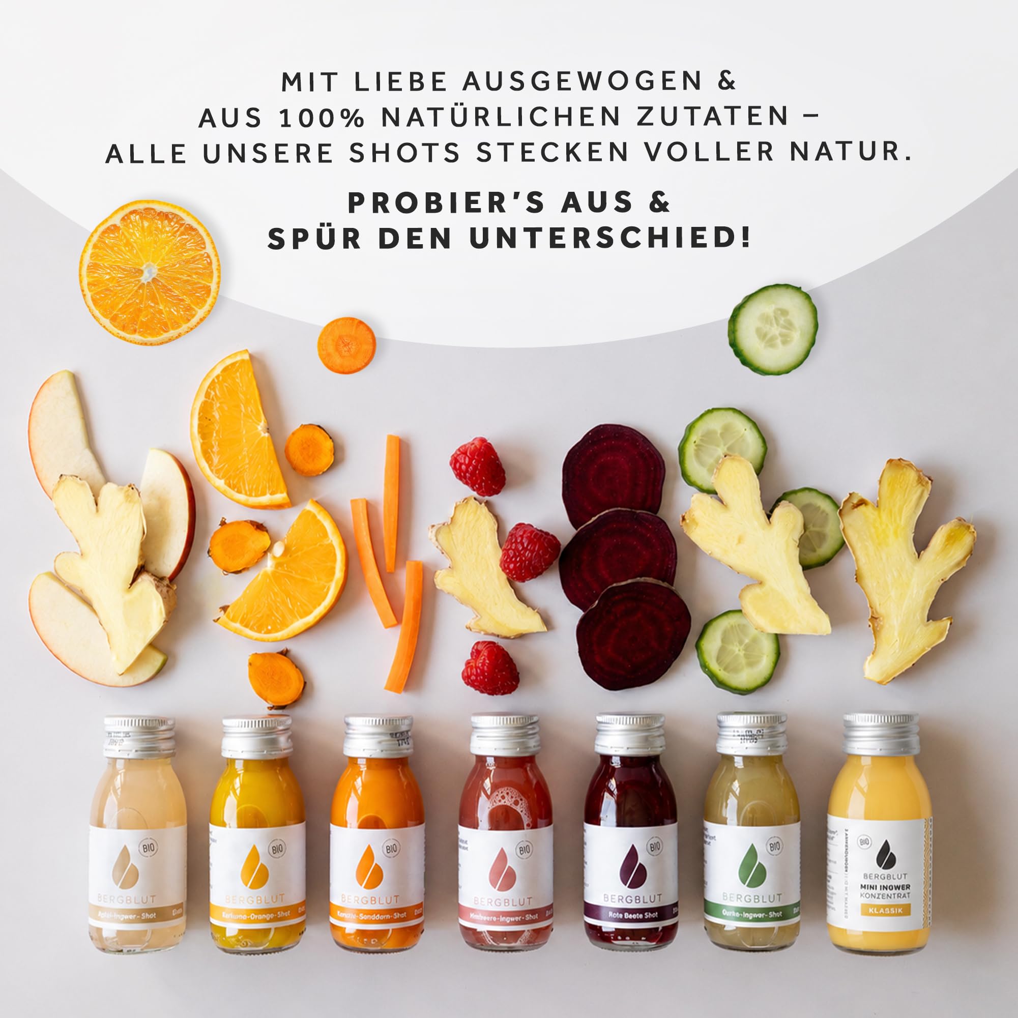 Bergblut Ingwer Shot Mix Box | 7 x 60 ml Bio Shots in verschiedenen Sorten | Direktgepresst & Ohne Zusatzstoffe | Ingwershot Vegan & 100 % natürlich | Saftkur Alternative