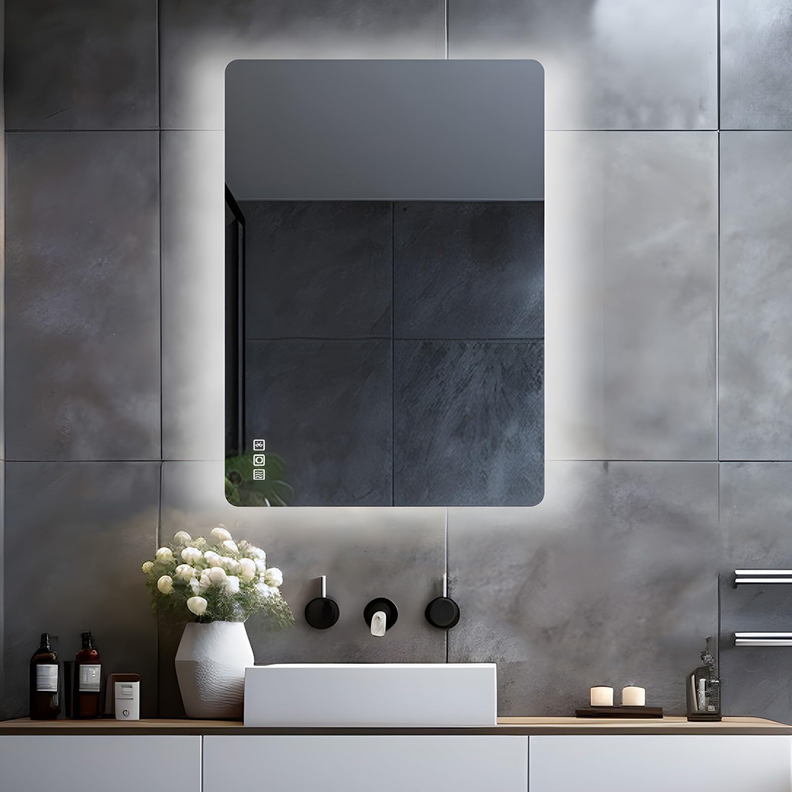 LISA Espejo de baño LED con luz iluminación 80 x 60 cm, Grande Espejo luz con Enchufe y Bluetooth, Regulable, 3 Colores iluminación Ajustable, antivaho, Espejo de Pared para baño, Inodoro, Pasillo