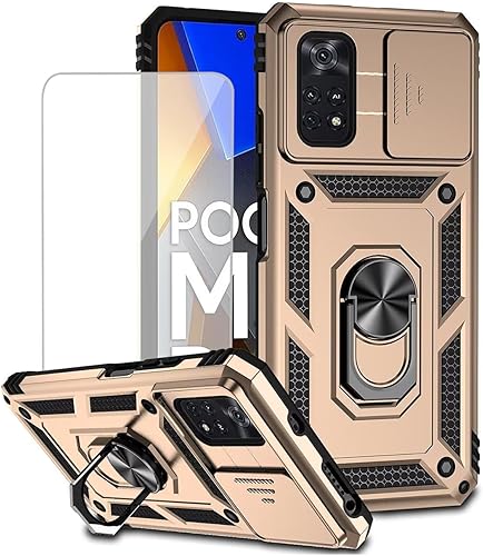 Miniatura 8 de Funda para Xiaomi Poco M4 Pro 4G, MZB0B5VIN con protector de pantalla de vidrio templado y cubierta de cámara deslizante, anillo magnético Soporte