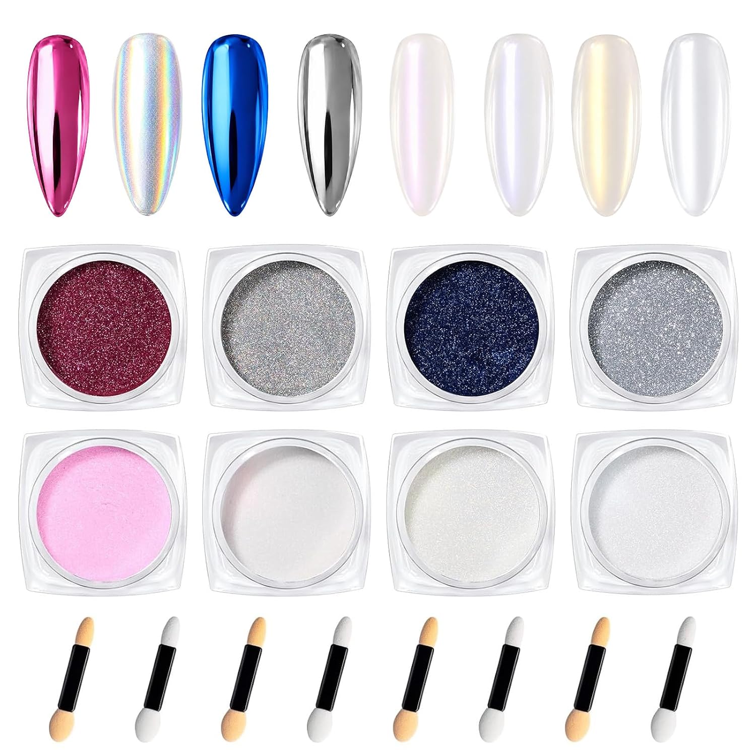 Beetles Chrome Nail Powder Set 8 Colors White Pearl Holographic Aurora