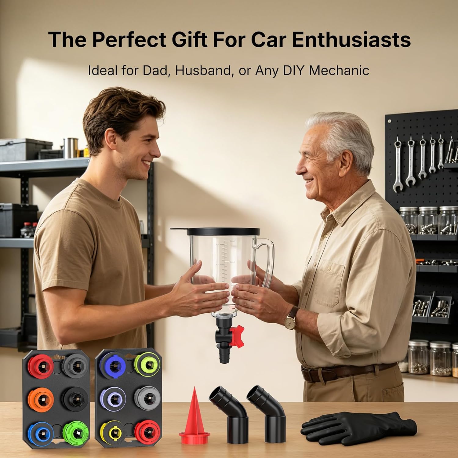 LOYAMAT 19-Piece No Spill Engine Oil Funnel Kit | 1.6QT Oil Change Kit w/ 12 Adapters, 2 Magnetic Trays, 45° Elbows, Arrow Filter & Gloves | Transparent Body w/Scale & Shut-Off Valve | Universal Fit