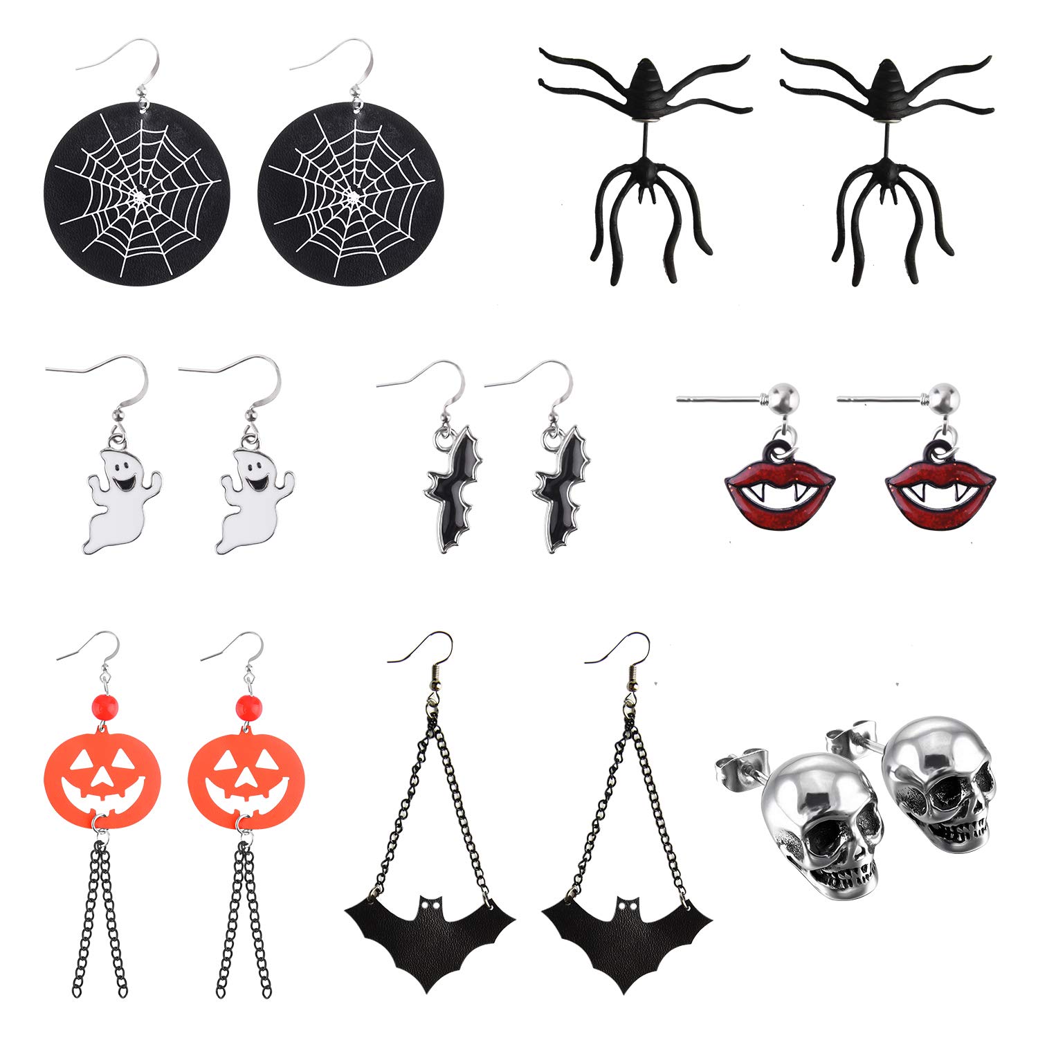 Pendientes Halloween FEPITO 8 pares Conjunto Murciélago Calabaza Araña Fantasma Esqueleto Metal