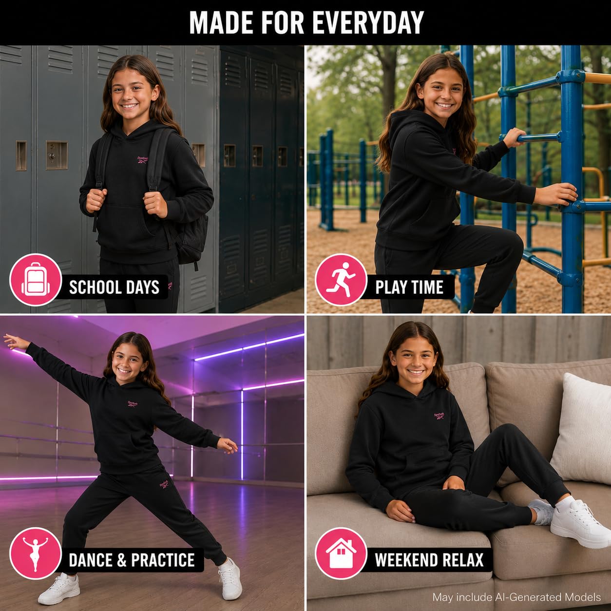Reebok Ensemble de survêtement 2 pièces doux à manches longues et pantalon de survêtement pour filles – Survêtement athlétique