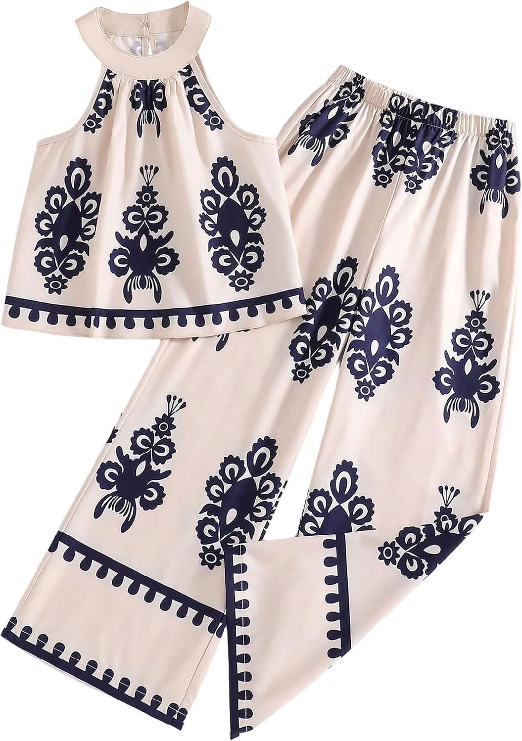 OYOANGLE Girl's Boho 2 Piece Outfits Paisley Print Halter Tank Top and Wide Leg Pants Set Summer Clothes