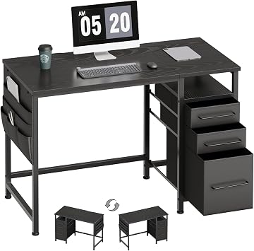 Maihail Small Desk with Drawers, Office Desk with Storage Shelves, Black | 40 Inch Desktop, Metal Frame, 3 Fabric Drawers, Storage Shelves, Computer & Writing Desk, Office Gaming Workstation