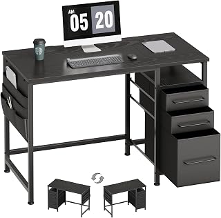 Maihail Small Desk with Drawers, Office Desk with Storage Shelves, Black | 40 Inch Desktop, Metal Frame, 3 Fabric Drawers, Storage Shelves, Computer & Writing Desk, Office Gaming Workstation