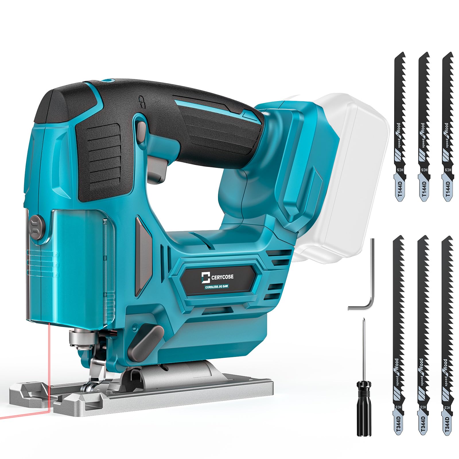 Cerycose Jig Saw Compatible with Makita 18V Battery, Laser Guide Cordless Jigsaw Tool, 3000RPM Variable Speed, 45° Bevel Angle Cut, LED Light, 3 Orbital Sets, 6PCS Blades (No Battery)
