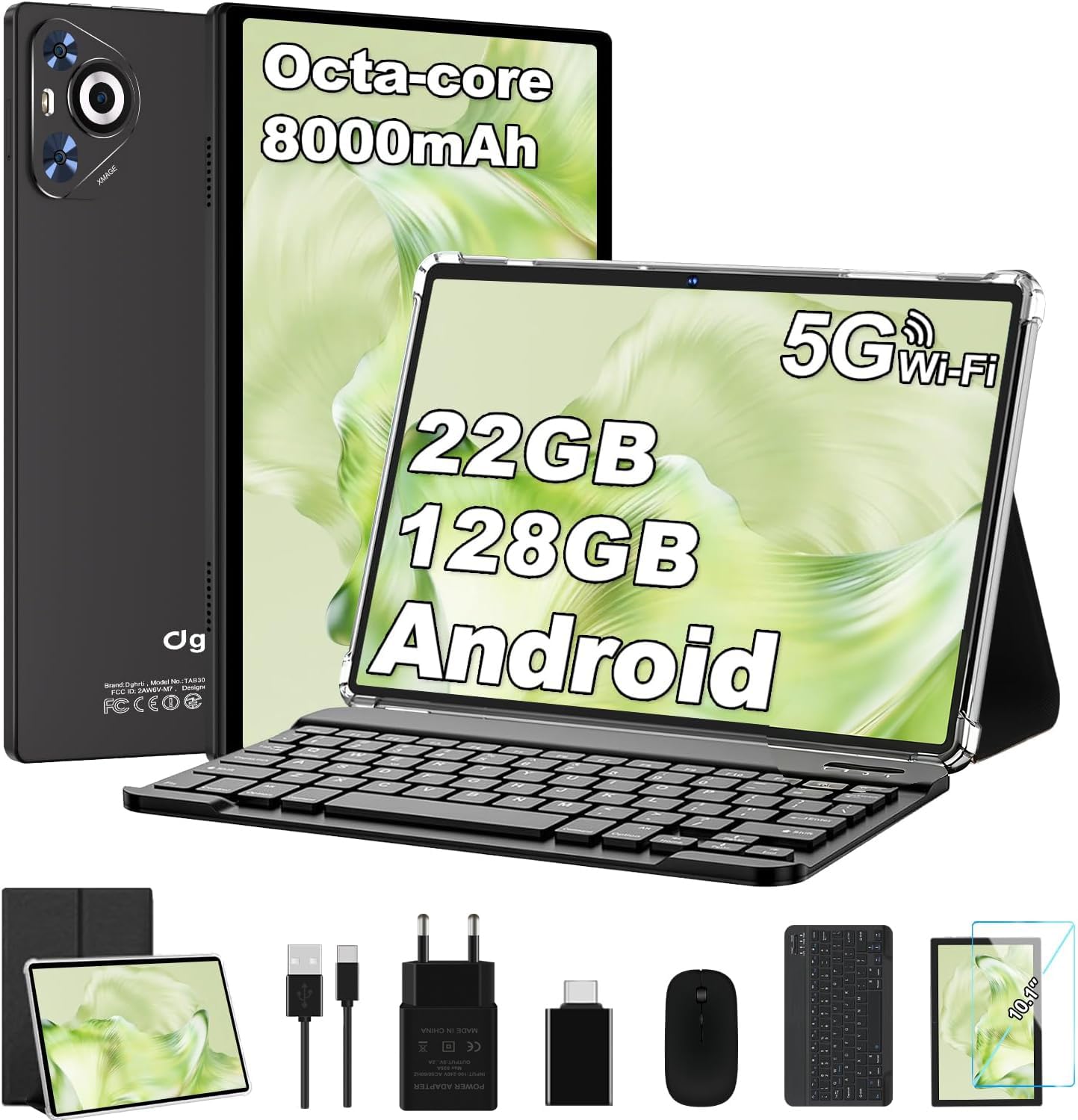 Dghrti Tablet Android, 22GB RAM, 128GB ROM (1TB/TF), 8000mAh, Widevine L1, BT5.0, 8+5MP Tablet PC with Mouse,Protective case - Black