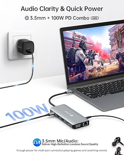 Miniatura 14 de NOVOO Hub USB C 4K a 60Hz HDMI Gigabit Ethernet 8 en 1 USB C adaptador multipuerto con HDMI, PD 100W, 2 USB-A, 1 puerto de datos USB-C, estación