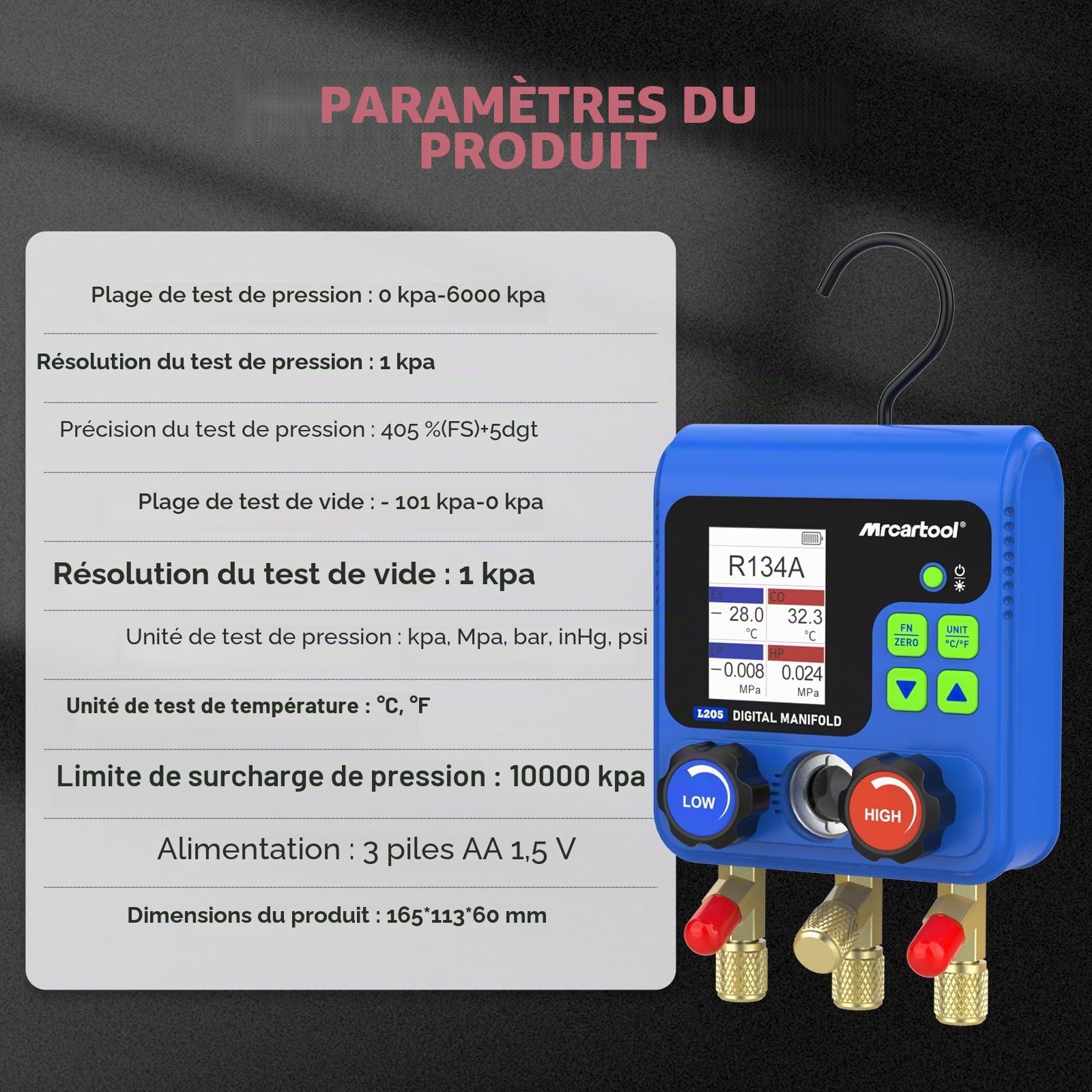 Montage Numérique Manifold Gauge Kit Recharge Climatisation Voiture Digitale HVAC Manifold Gauge Manometer pour Charger 90 Réfrigérants R134A R410A R32