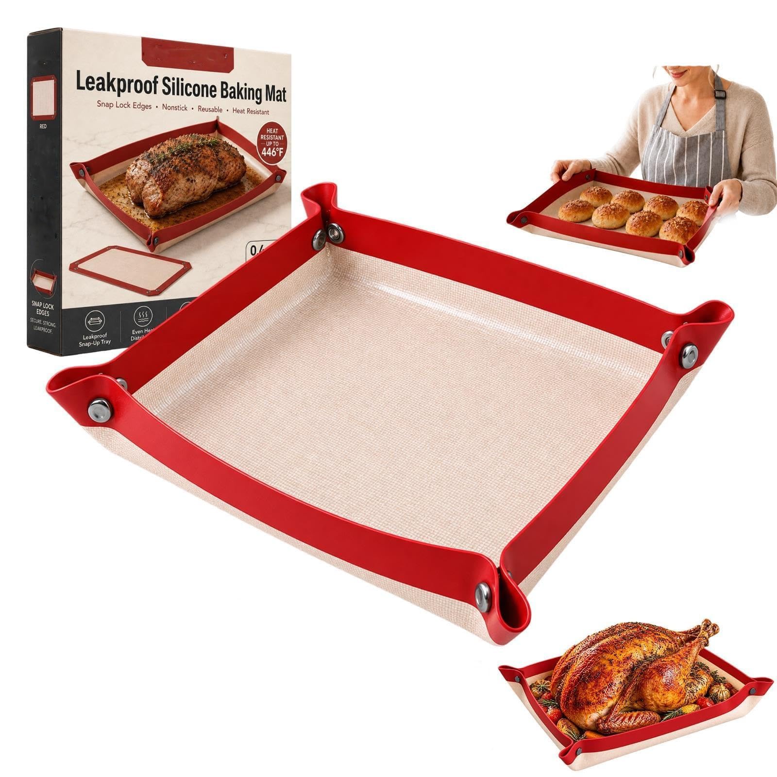 Leakproof Silicone Baking Mat with Snap-Lock Edges, Nonstick (S)