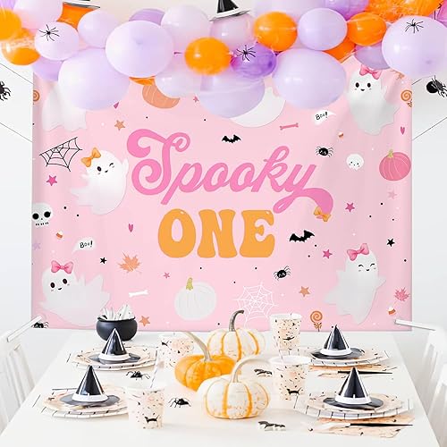 Miniatura 4 de MEHOFOND Telón de fondo de Halloween de 7 x 5 pies para niñas, espeluznante One Happy Booday, decoración de fiesta de primer cumpleaños, suministros