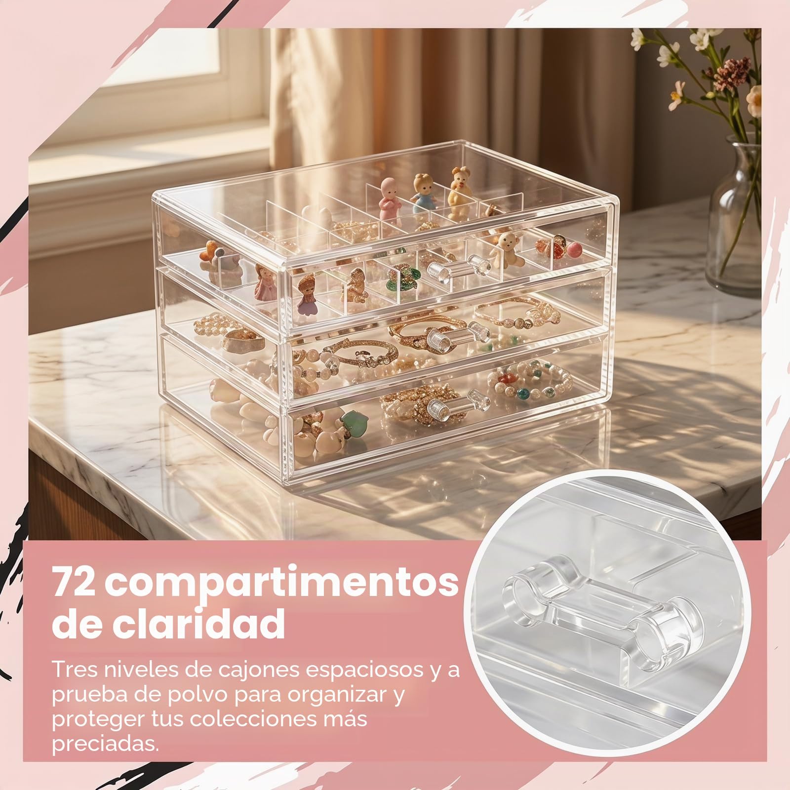 Vitrina De Coleccionista Con 72 Compartimentos, Caja Para Minerales De Acrílico Transparente Con 3 Niveles Extraíbles, Exhibidor Con Tapa Y Asas Para Almacenamiento De Figuras, Piedras Y Cristales