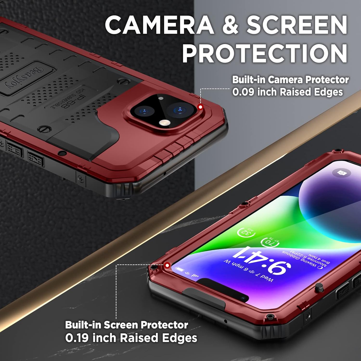 Beasyjoy for iPhone 14 Case Waterproof, Metal Heavy Duty Full Body Protective Case with Built-in Screen Protector, Military Grade Shockproof Dustproof Defender Rugged Cover 6.1 Inch, Red