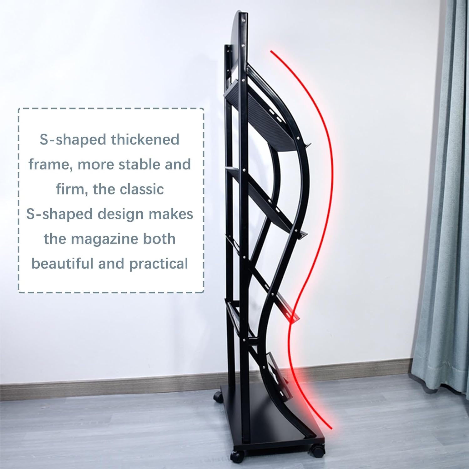 4-Tier Magazine Rack & Newspaper Holder - Floor-Standing Literature Organizer, Brochure Display Stand for Offices, Schools, Malls & Exhibitions (Black, 27.17"x12.60"x56.69")