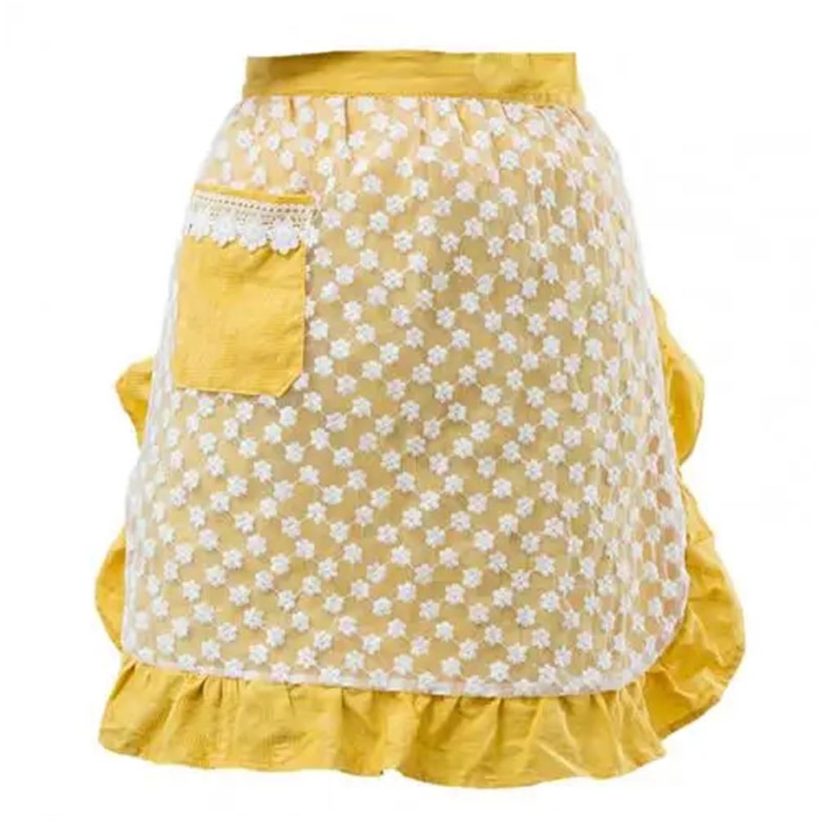 Halbe Bistro-Schürzen Küchen-Taillenschürze, Blumenstickerei, Baumwolle, gekräuselt, Kellnerschürze, Spitze, Backen, Kochschürze mit Tasche for Café(Yellow)