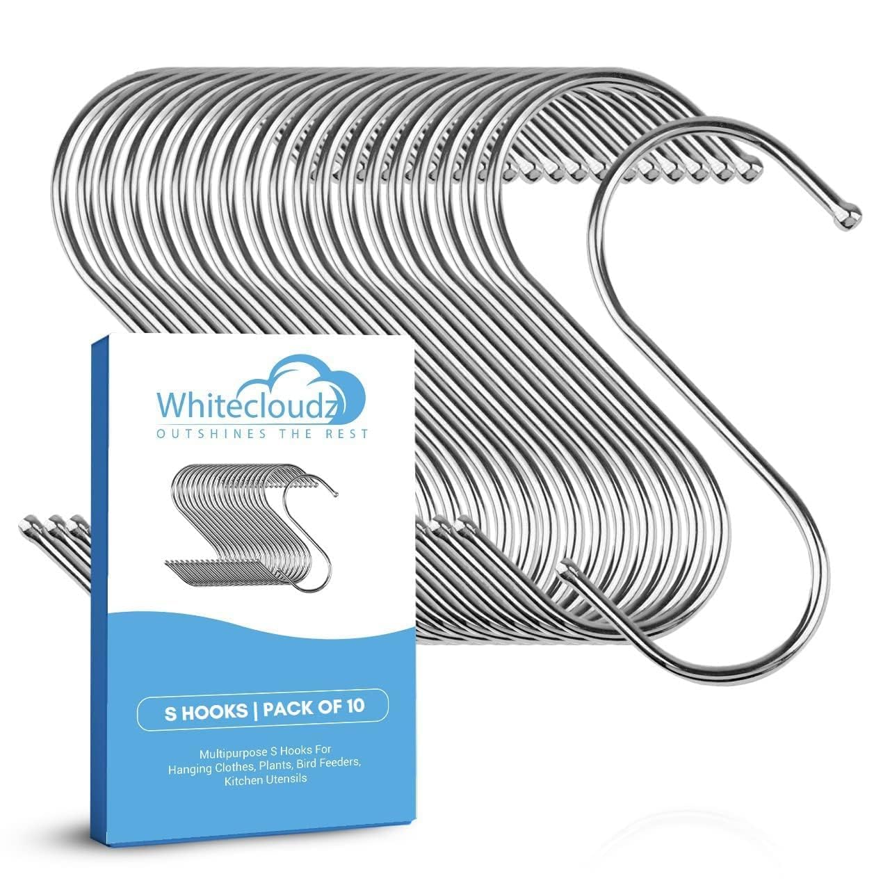 Whitecloudz Silver 10Pack Heavy Duty S Hooks For Hanging, Durable Wall Hangings Hooks, Stainless Steel Hooks For Hanging Clothes, Kitchen Hooks For Utensils, Ceiling Hooks For Hangings Plants,(8.4Cm)
