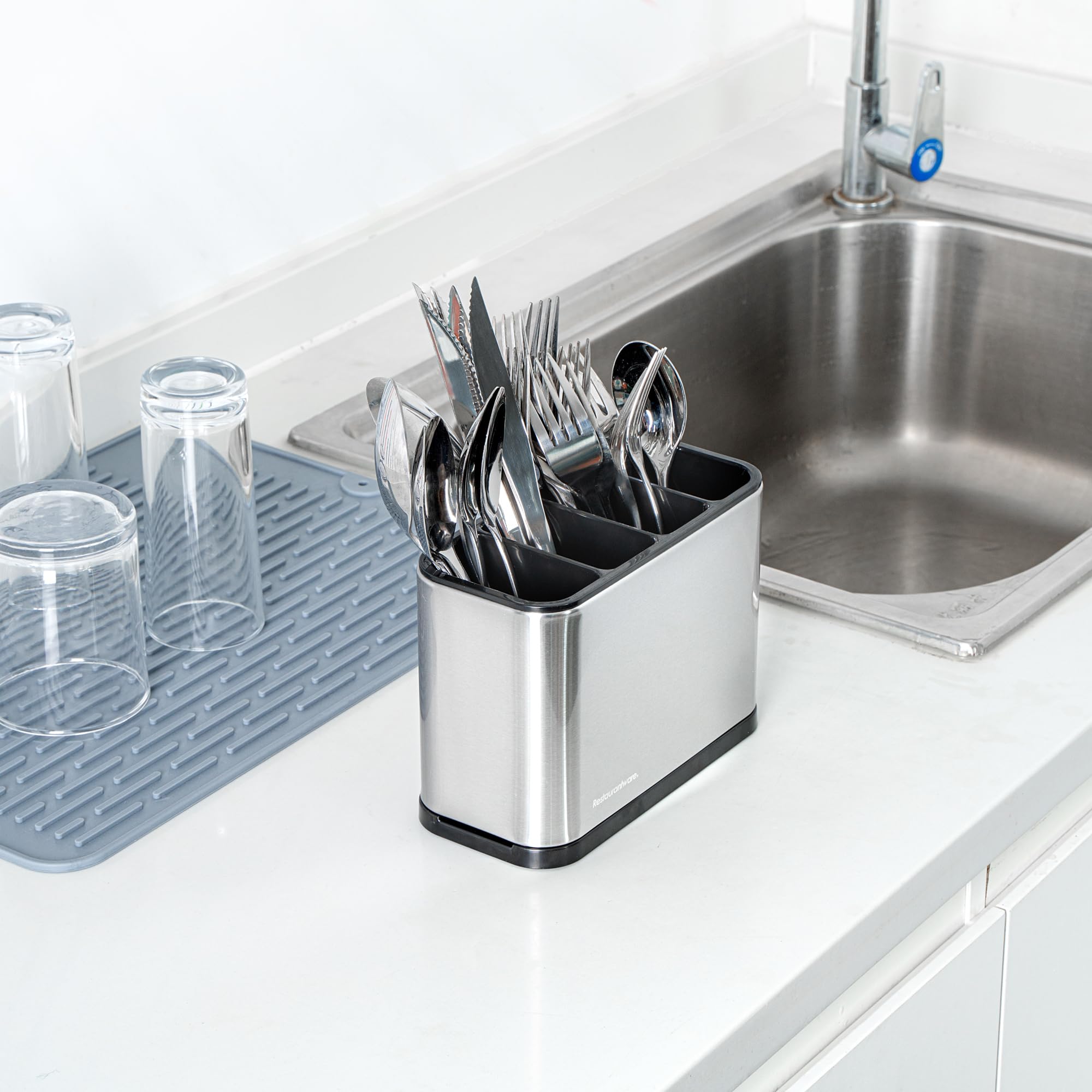 Restaurantware -Met Lux - Organizador de utensilios de 7.09 x 3.39 x 5.12 pulgadas, 1 organizador de utensilios con base pesada, 4 compartimentos, con bandeja de goteo, soporte para utensilios de