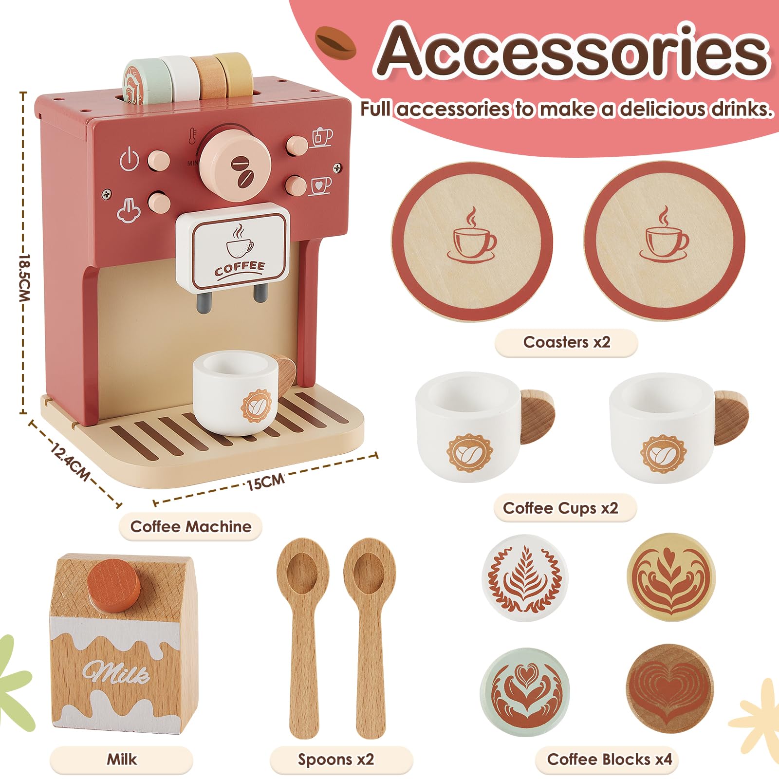 BUYGER Giochi Legno Bambini 5 anni, Macchina da Caffè Accessori Cucina in Legno per Bambini, Giocattolo Educativi Montessori, Regalo per Bambino Bambina 3 + Anni