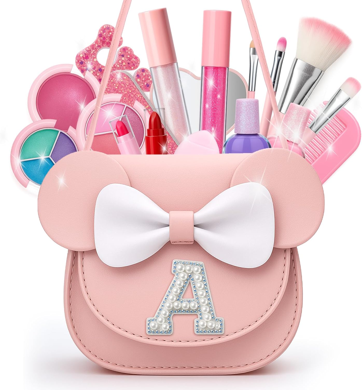 Non Toxic Makeup for Little Girls,Safe Real Makeup Sets for Girls Age 3-8 with Initial S Bag,Play Make Up Kit for Girl Easter Baskets Christmas Birthday Gift Ideas