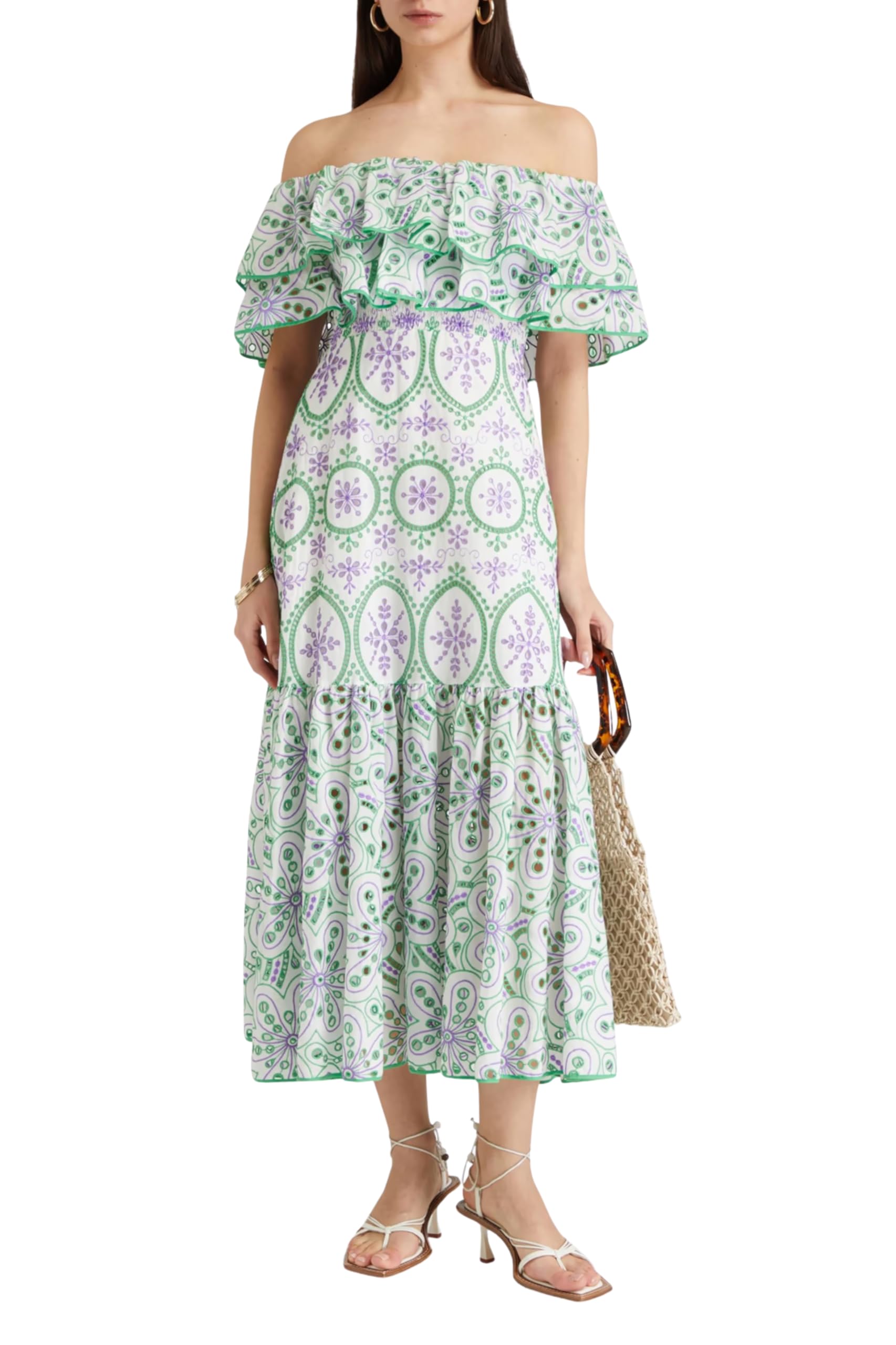 pepperstone Women's Off-Shoulder Ruffled Smocked Midi Dress - Vacation Chic Summer Sundress | Flowy Maxi Beach Party Outfit Size M-picture-52