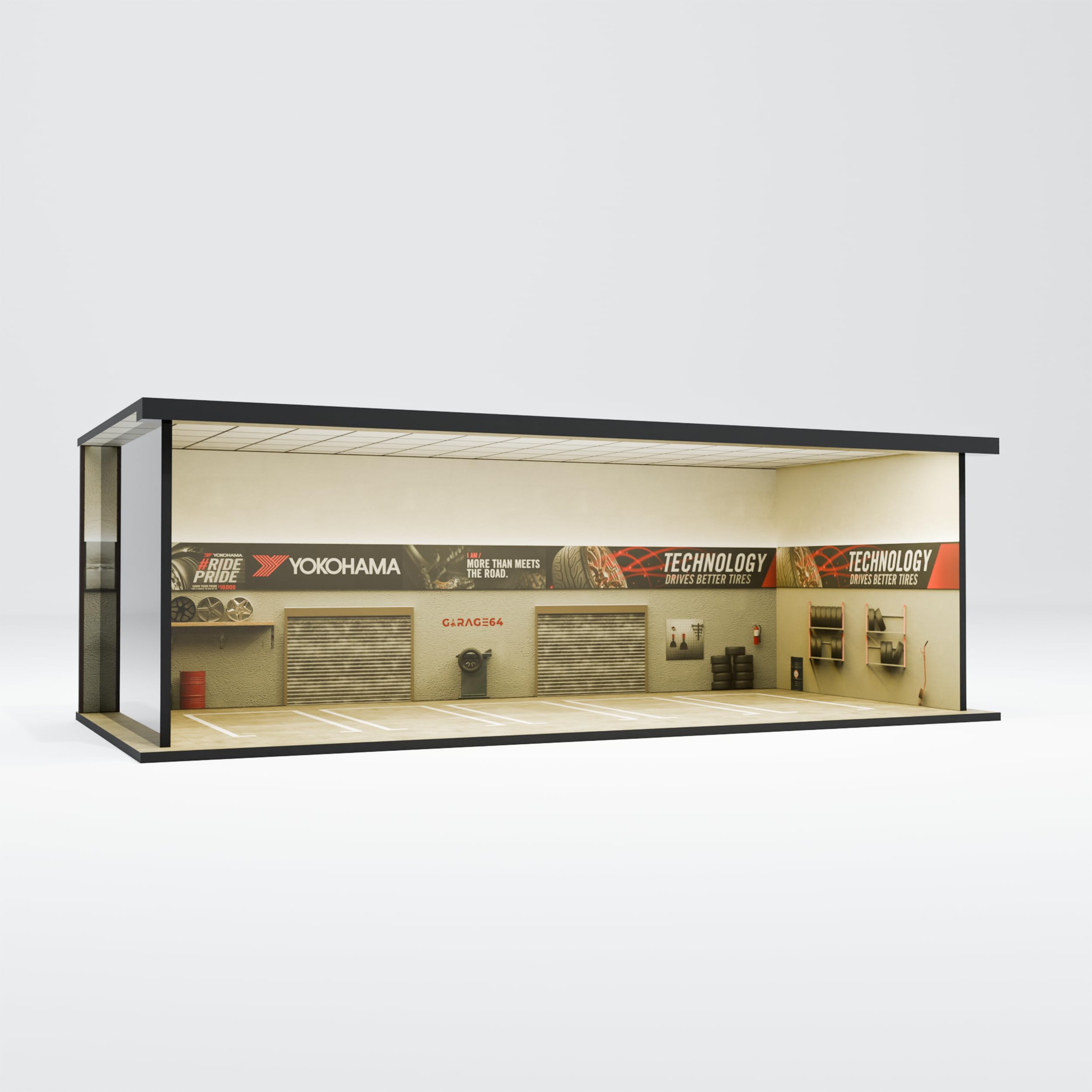 Garage64 Yokohama Tire Workshop 1:64 Acrylic Display Garage Diorama with LED (30x14x10 cm) – JDM Style Tire Shop for Hot Wheels, Mini GT, Tarmac Works - Image 9 thumbnail