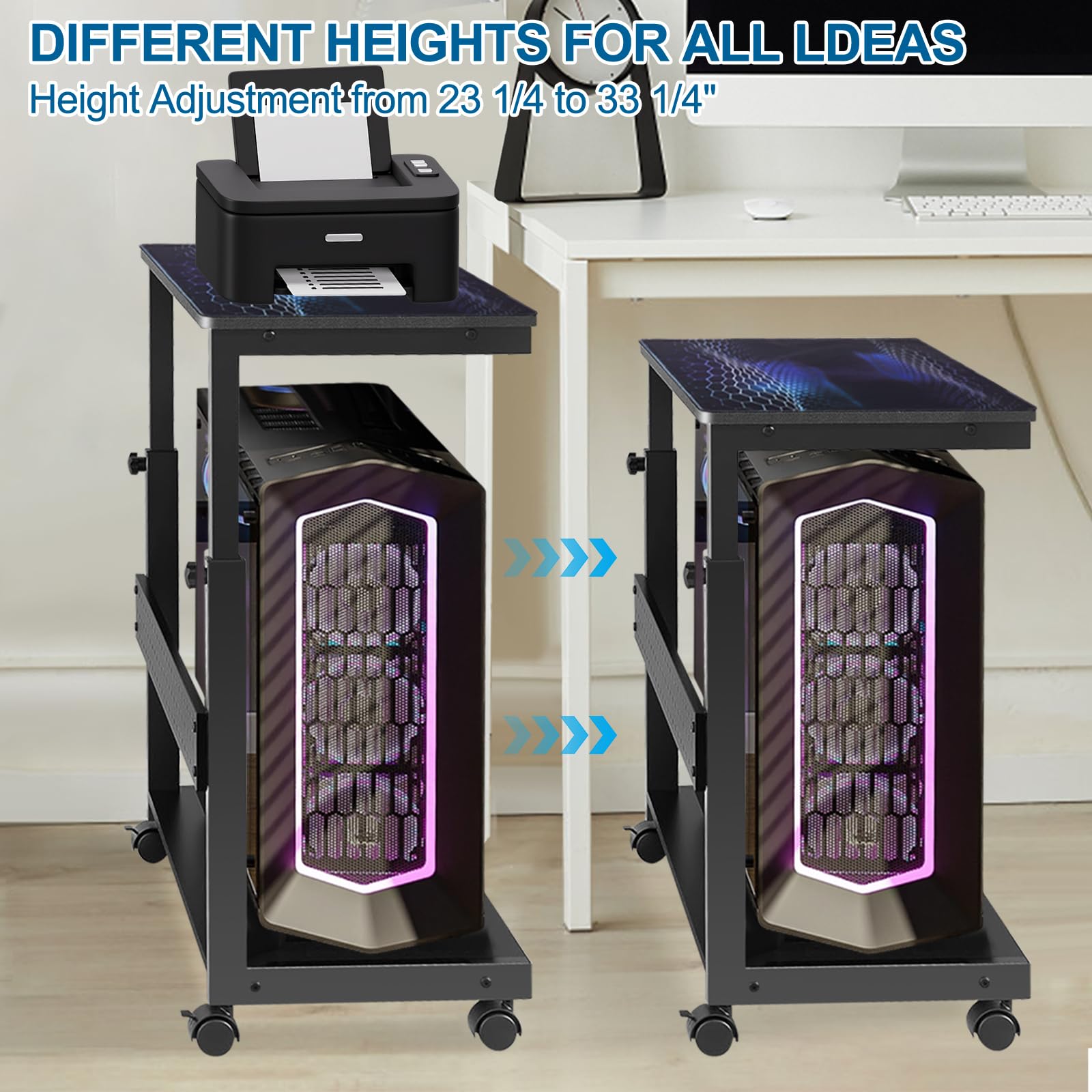 support pour processeur à 2 couches - Réglable en hauteur - Boîtier ATX - Imprimante de bureau - Avec roulettes et tapis de souris