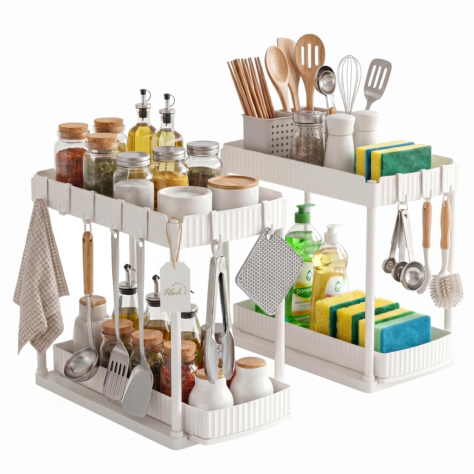 Organisateur sous évier 2 niveaux extensible avec panier de rangement coulissant