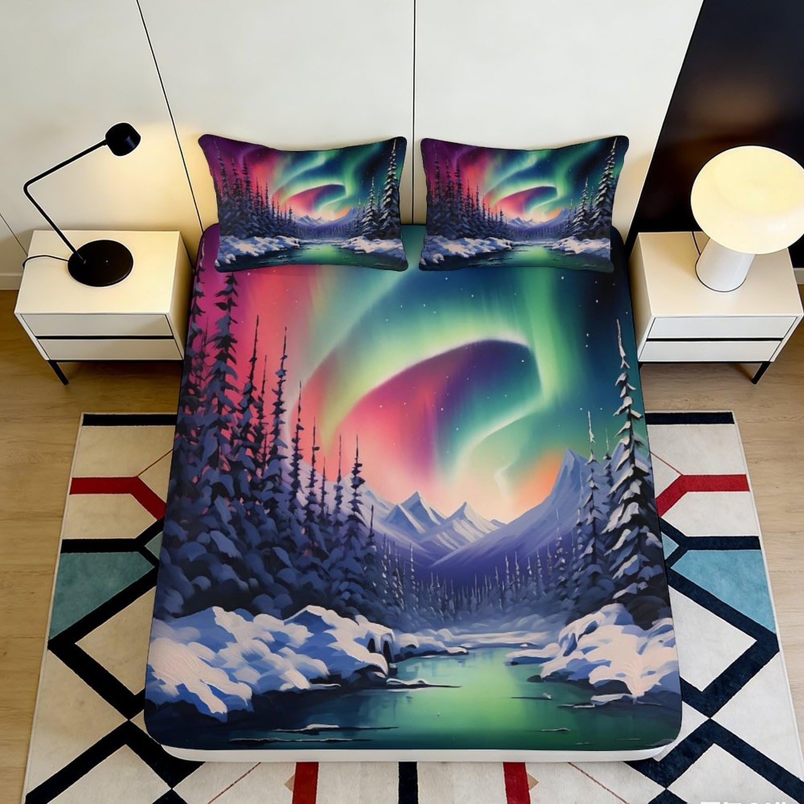 3D Printed Northern Lights Fitted Sheet Microfiber with Aurora Borealis Mattress Cover for Bedroom Dormitory Guest Room Protective and Decorative 160x200x25cm