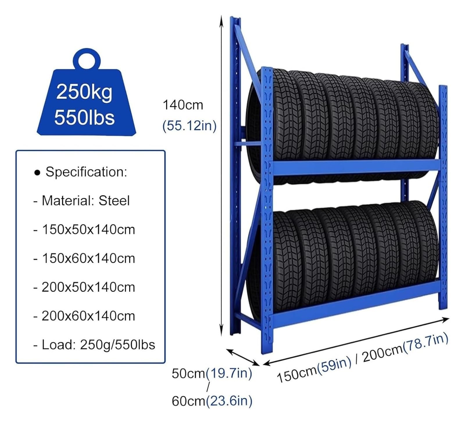 Regulowany metalowy stojak na opony – 2-warstwowy, wytrzymały stojak na opony samochodowe – uniwersalny uchwyt na opony do garażu i warsztatu (niebieski, 200 x 60 x 140 cm)