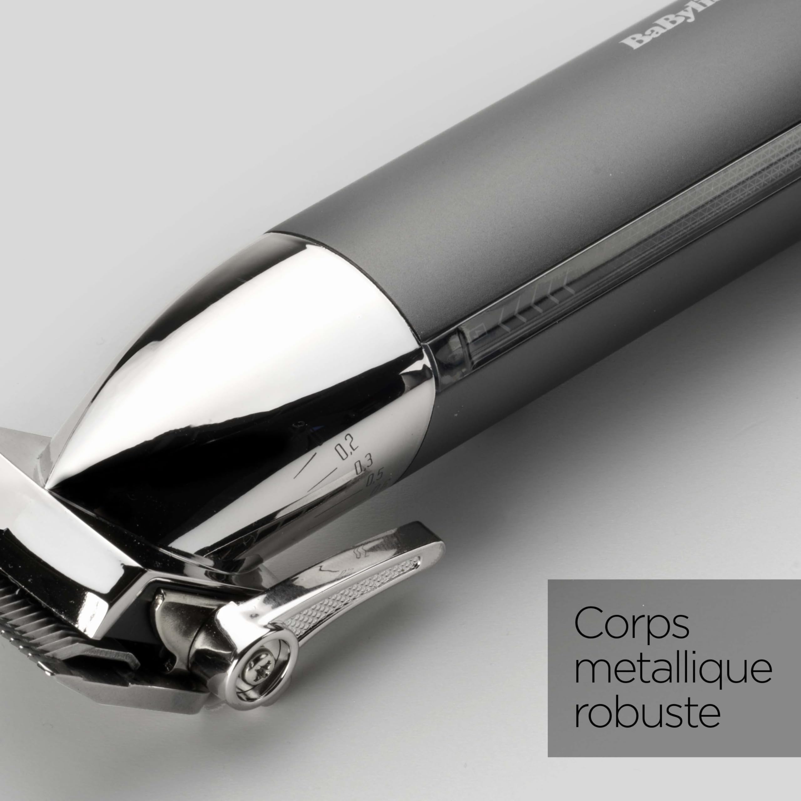 BaByliss Tondeuse cheveux sans fil Super-X Metal, Lames en acier japonais, 10 sabots, 2 sabots oreille, Batterie lithium, affichage digital, Poignée en métal, noir, E996E
