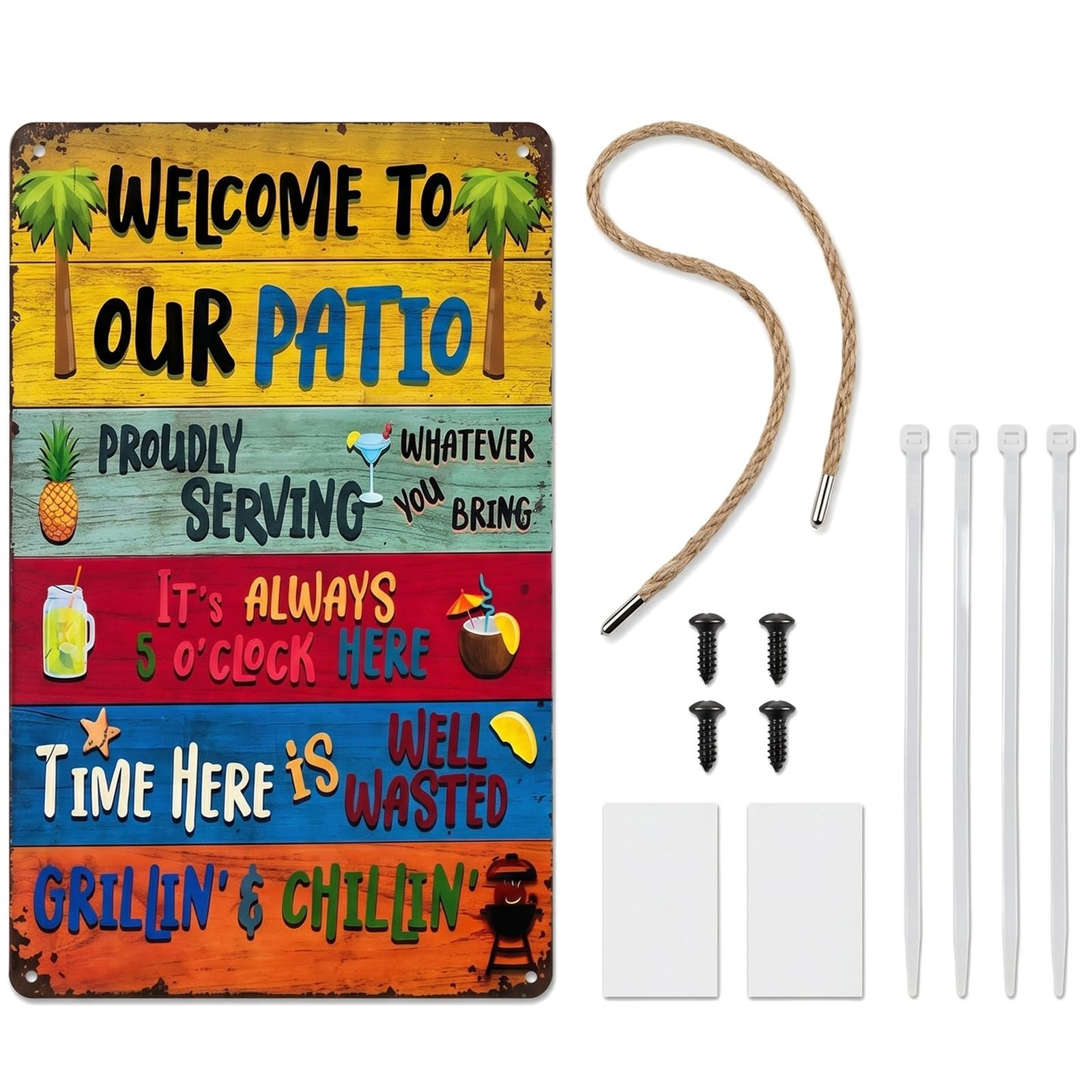 Kemay Colorful Welcome To Our Patio Metal Sign - Funny Outdoor Bar Accessories & Garden Plaques For Outside, Weatherproof Wall Decor For Backyard, Pool, Bbq Party, Man Cave
