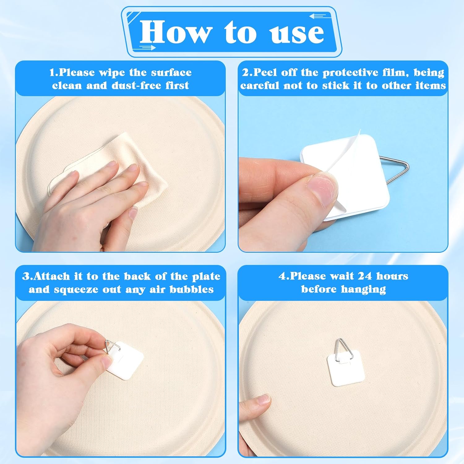 Thinp 24 Pcs Self Adhesive Picture Hangers, Invisible Picture Hanging Hooks Without Nails Vertical Adhesive Frame Hooks Sticky Plate Hangers for the Wall Plate Photo Frame Wall Art Decor (3 Sizes)