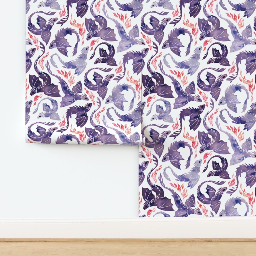 Spoonflower Peel & Stick Wallpaper 3ft x 2ft - Purple Plum Fire Fantasy Mauve Mythical Dragon Fairy Tale Custom Removable Wallpaper