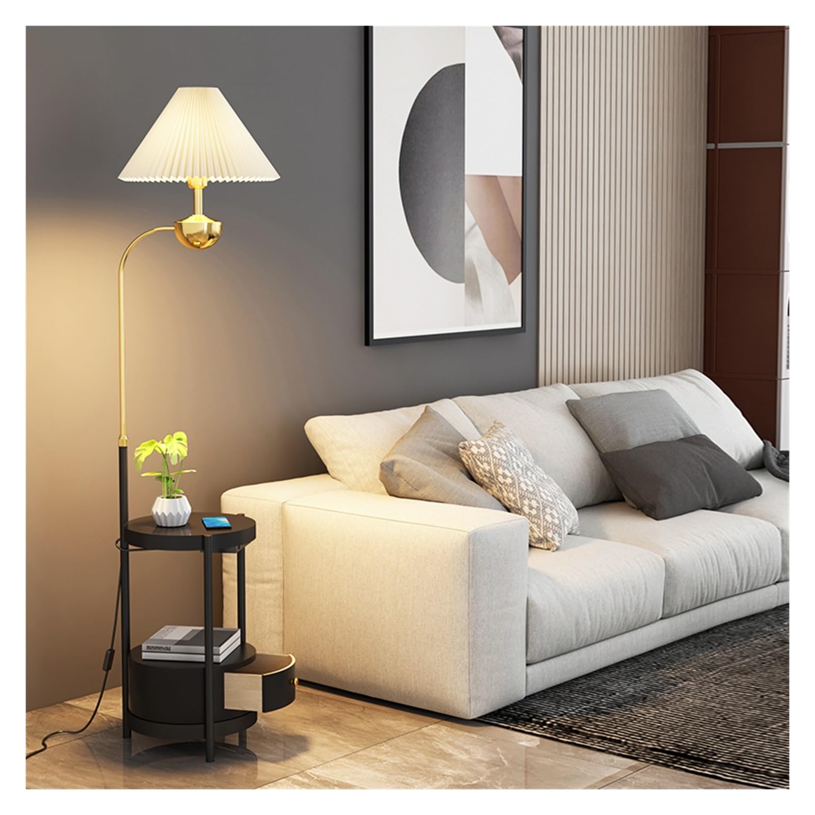 Nowoczesna lampa podłogowa ze stołem, wąski stolik końcowy z zamontowaną lampą z portami USB, rustykalny stolik boczny z szufladami do przechowywania, stolik nocny do salonu, dekoracja sypialni (nr