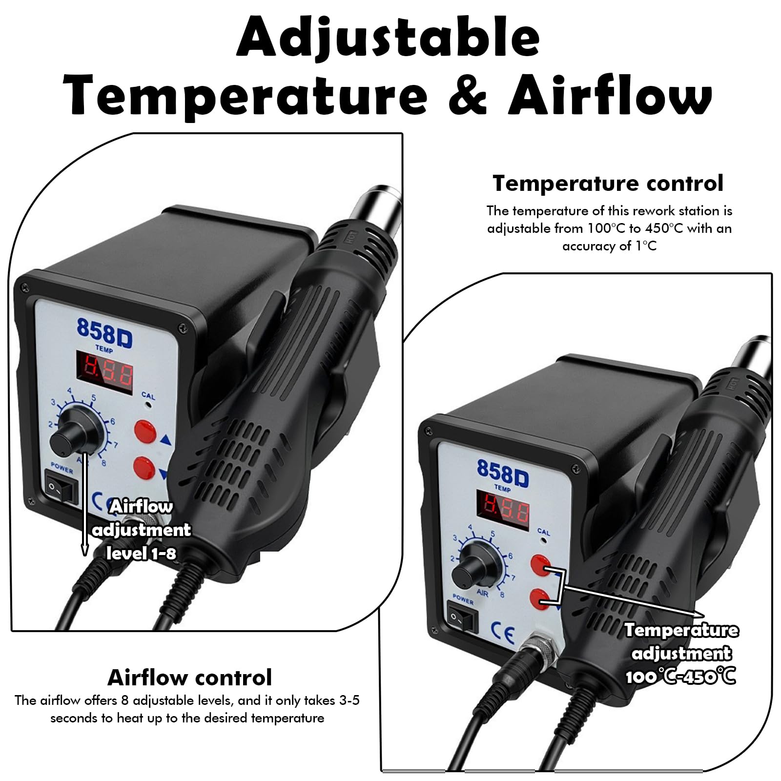 Stazione di saldatura ad aria calda, 700 W, 858D Hot Air Rework Station con display LED e 3 ugelli, stazione dissaldante 2 in 1, stazione dissaldante Rework Station, display digitale, kit saldatore