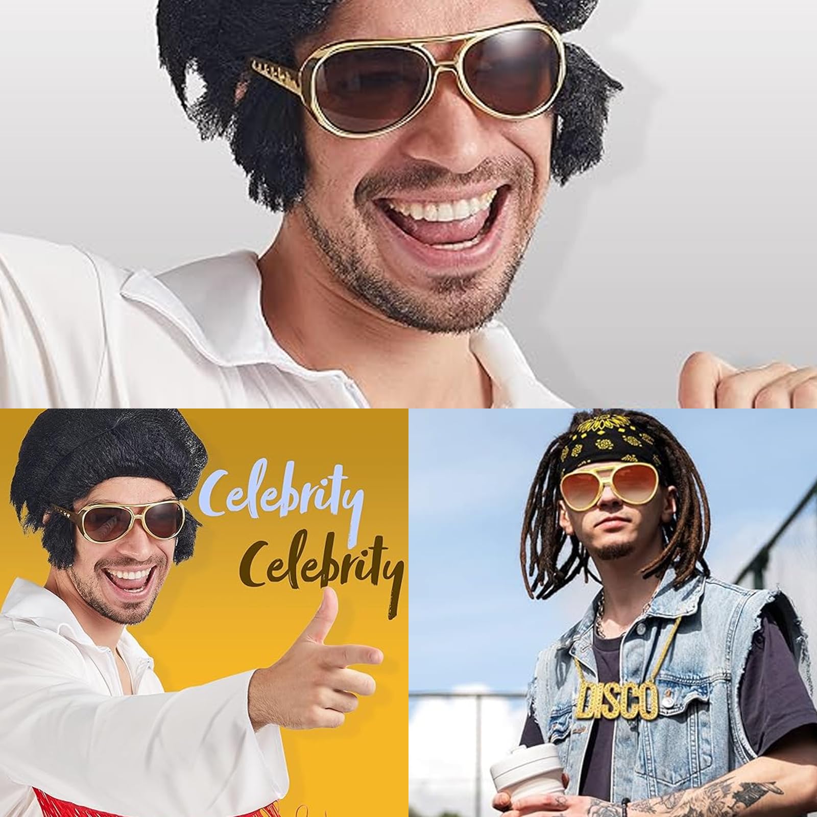 JNGTKL 3pcs Glasses, Rock Star Cool Golden Costume Glasses, 80's Disco Gold Sunglasses, Sunglasses - Image 4