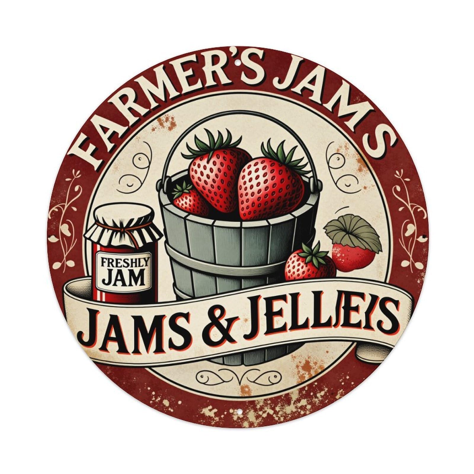 Farmer's Jams Jams And Jellies Strawberry Bucket Jar Metal Tin Sign Vintage Garden Bedroom Cafe Bar Man Cave Home Wall Decor Metal Poster 8x8 inches