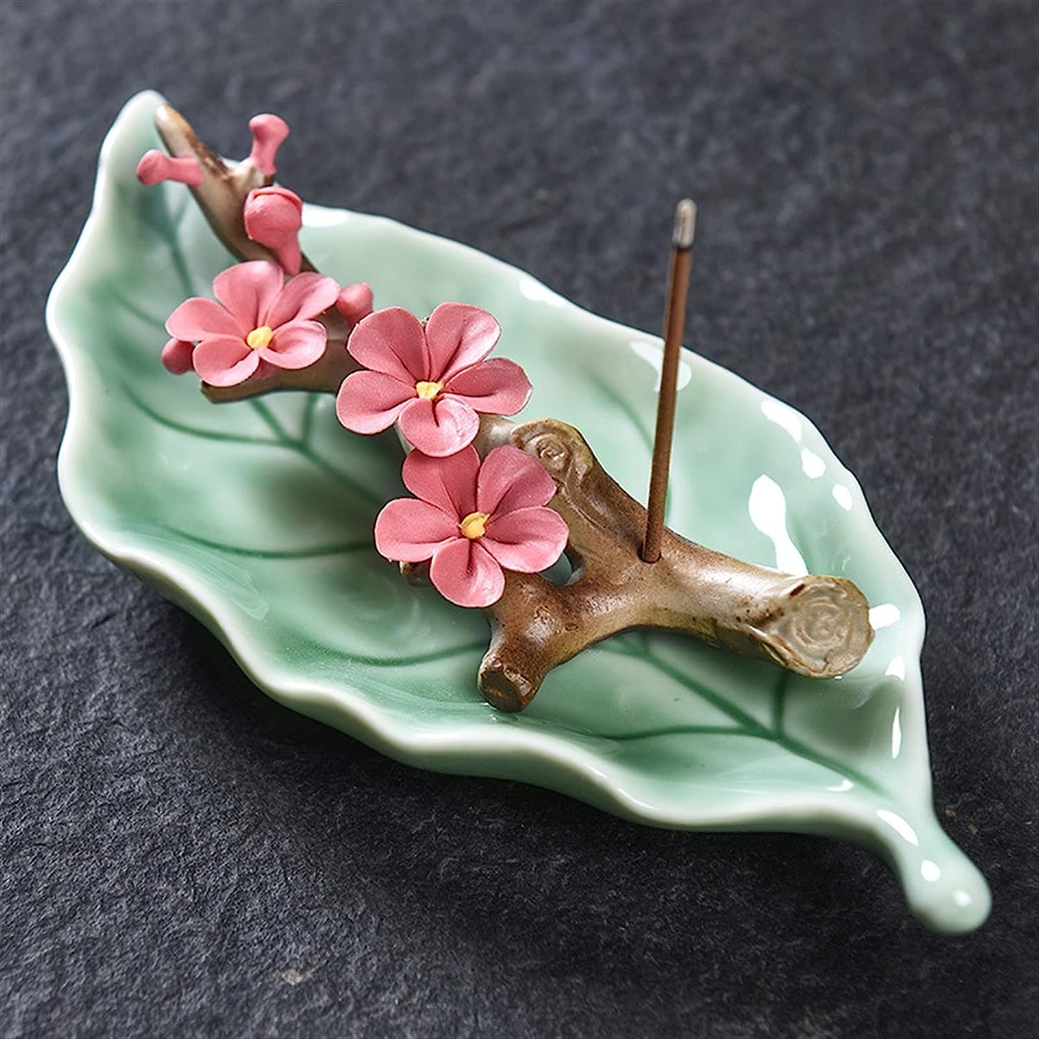 Palnik do kadzideł w kształcie stożka, ręcznie robiony, kreatywne wyposażenie domu, ceramiczne liście, gałęzie kwiatów brzoskwini, palnik, kadzidło(Red)