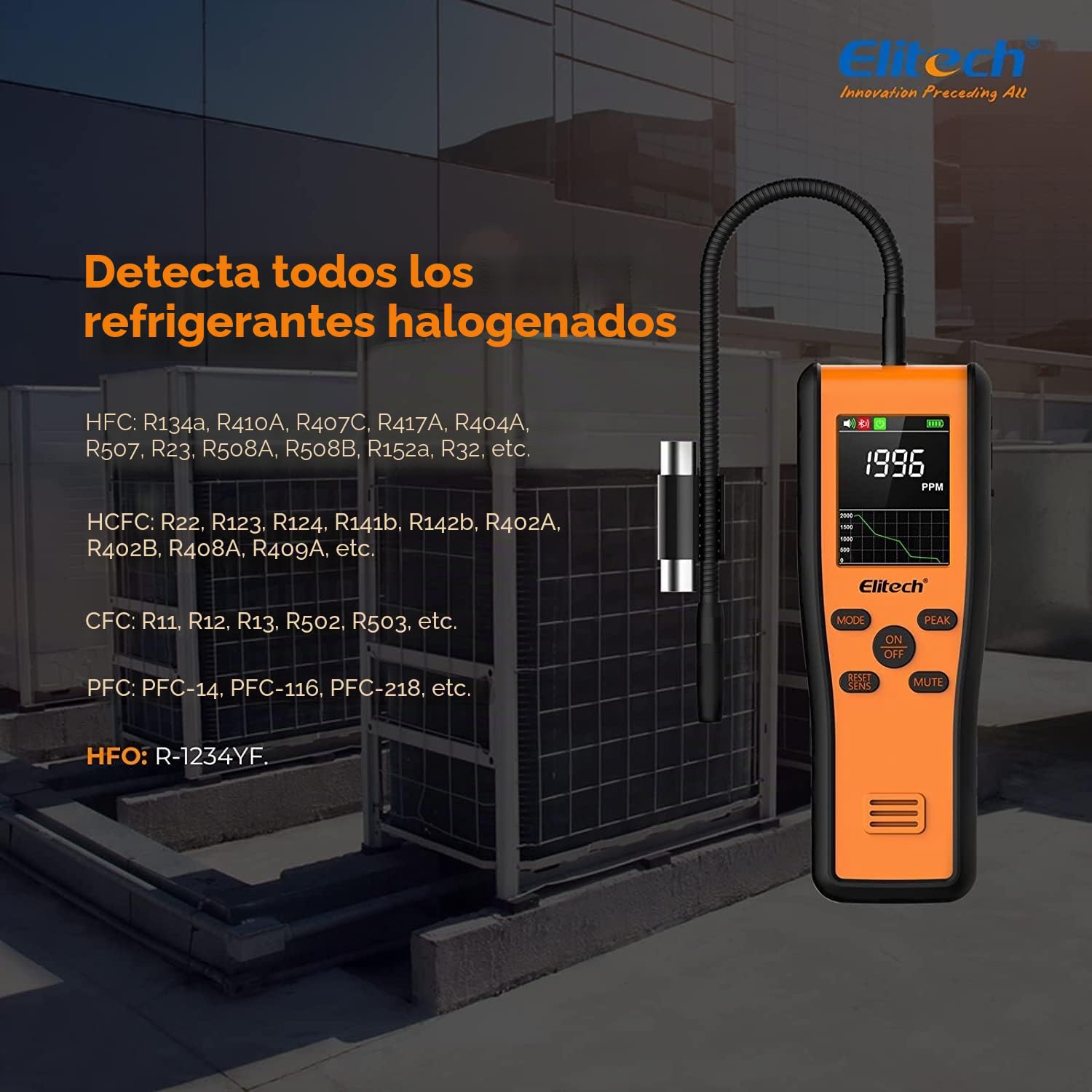 Elitech Detector de Fugas de Gas Refrigerante por Infrarrojos PPM, Detector de Fugas HVAC con posicionamiento Fijo, Viene con función de aplicación y actualización OTA.