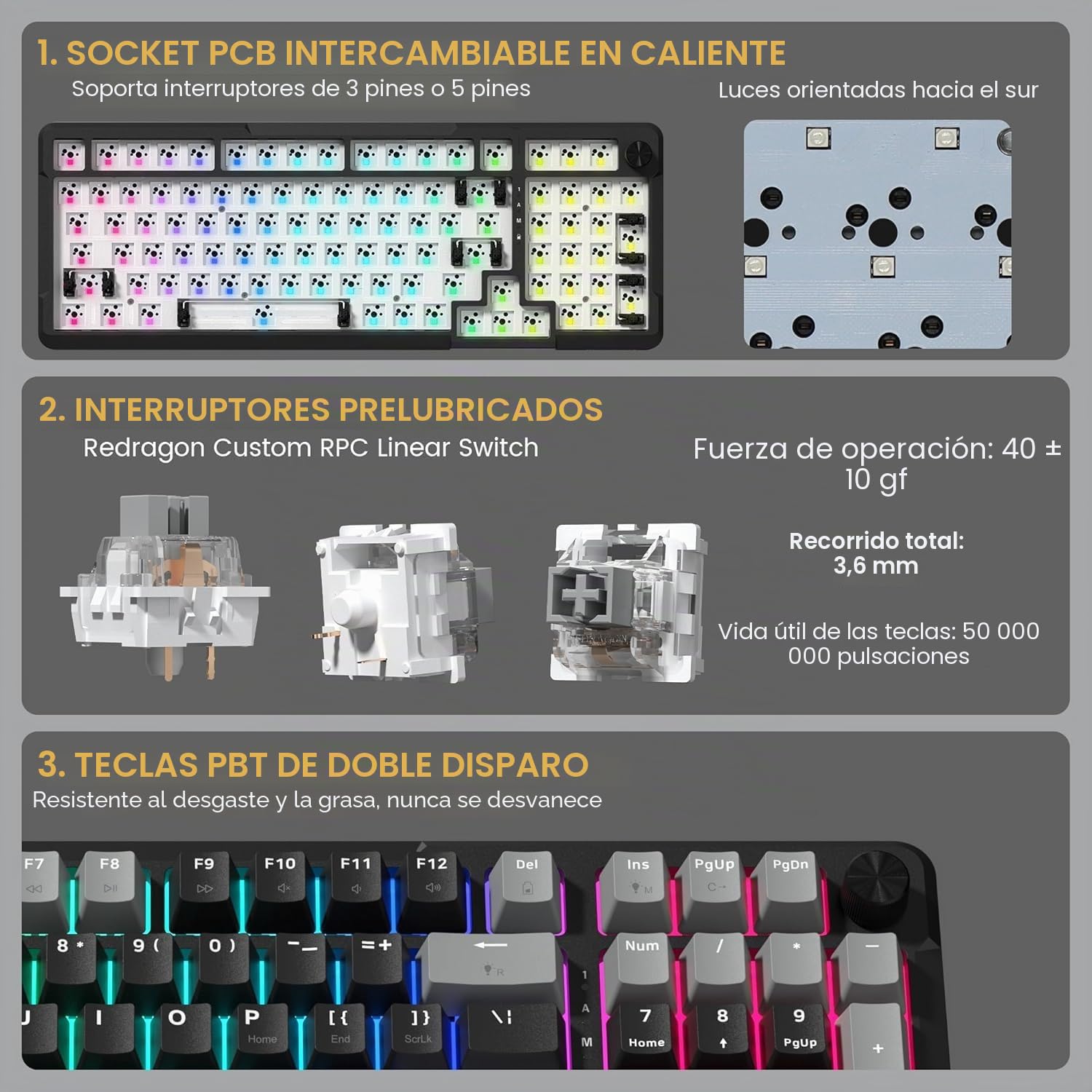 Redragon K742 Gasket Teclado Gaming Mecánico Inalámbrico, 2.4Ghz/BT/USB-C, Hot-Swappable, Iluminación RGB, Soporte de Software, 98 Teclas, Snap Tap, Espumas Absorbentes, para Win/PC/Mac